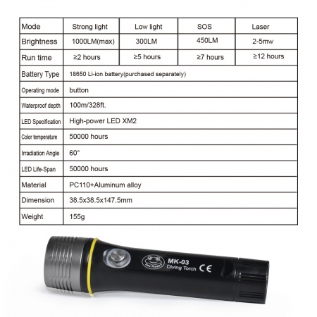 Lampe torche de plong&eacute;e sous-marine 1000 Lumens
